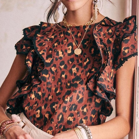 SEZANE Clarita Leopard Ruffle Blouse 36 4 S XS - Picture 3 of 11